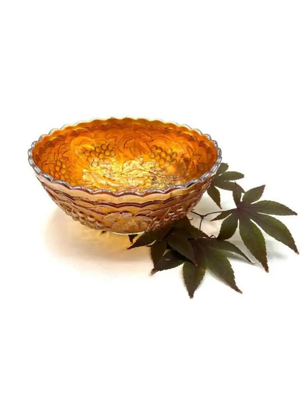 1920s Imperial Carnival Glass Bowl: Marigold Grapes & Leaves, Autumn Decor